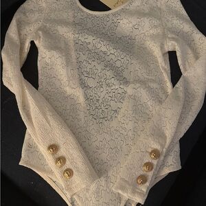 Chic White Lace Bodysuit with Gold Buttons